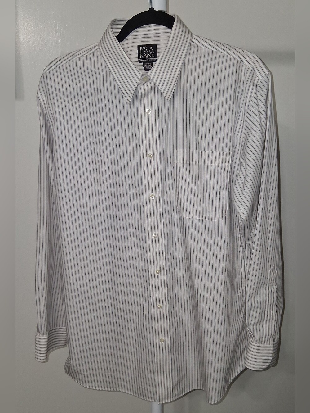 Jos. A. Bank White Dress Shirt with Tan Stripes And Blue Pinstripes 16 1/2 - 34